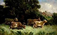 Untitled (five cows in pasture, rooftop in background) by Edward Mitchell Bannister