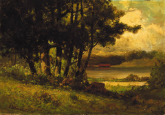 Untitled (landscape with cows grazing near river) by Edward Mitchell Bannister
