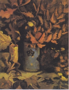 Vase with wilted leaf
