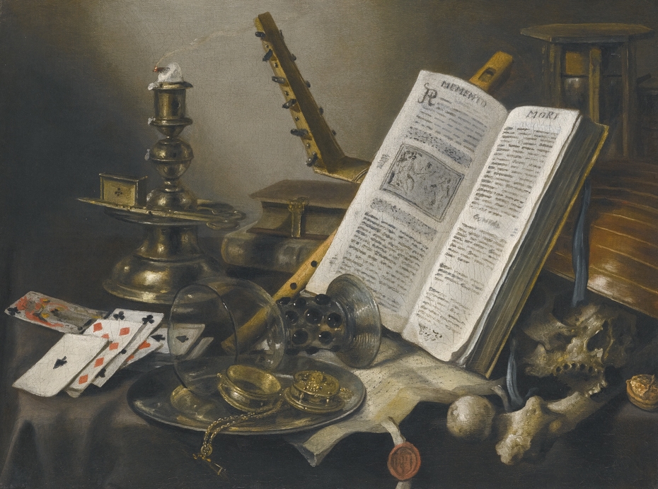 Vanitas still life with a book, a glass roemer, a skull, a lute, a pack of cards and piece of parchment on a table