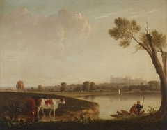 View of Windsor Castle from the River with Cattle, and Two Men in a Boat by Edmund Bristow
