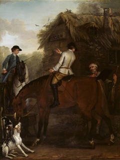 Viscount Weymouth’s Hunt: Two Hunt Servants on Hunters beside a Cottage by John Wootton