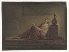 Vrouw zittend op haar bed in een cel by Unknown Artist