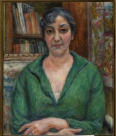 Wife's portrait in a green sweater by Józef Pankiewicz