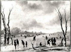 Winterlandschaft mit Schlittschuhläufern und Eishockeyspielern by Aert van der Neer