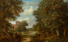 Wooded landscape with figures by a river by Pieter Stalpaert