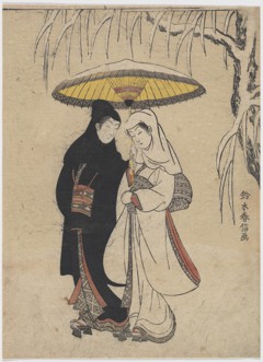 Young Lovers Walking Together under an Umbrella in a Snow Storm (Crow and Heron) by Suzuki Harunobu