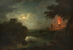 A Castle and Burning Kiln over a River by Moonlight by attributed to Abraham Pether