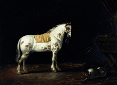 A Dappled Stallion with a Dog in a Stable