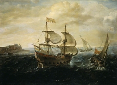 A Dutch ship running out of a harbour