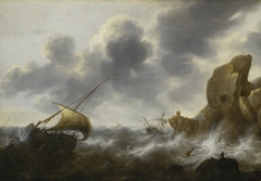 A Fishing Boat off a Rocky Coast in a Storm with a Wreck by Jacob Adriaensz Bellevois