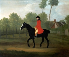A Huntsman on a Black Horse near a Cottage