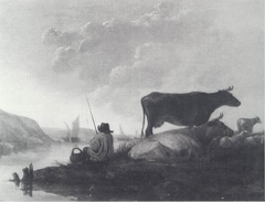 A River Landscape with Fisherman and Cows