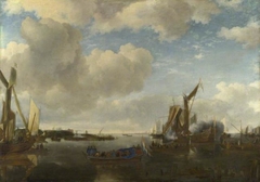 A River Scene with a Dutch Yacht firing a Salute