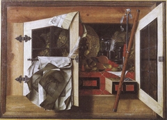 A trompe l'oeil still life with objects in a cupboard