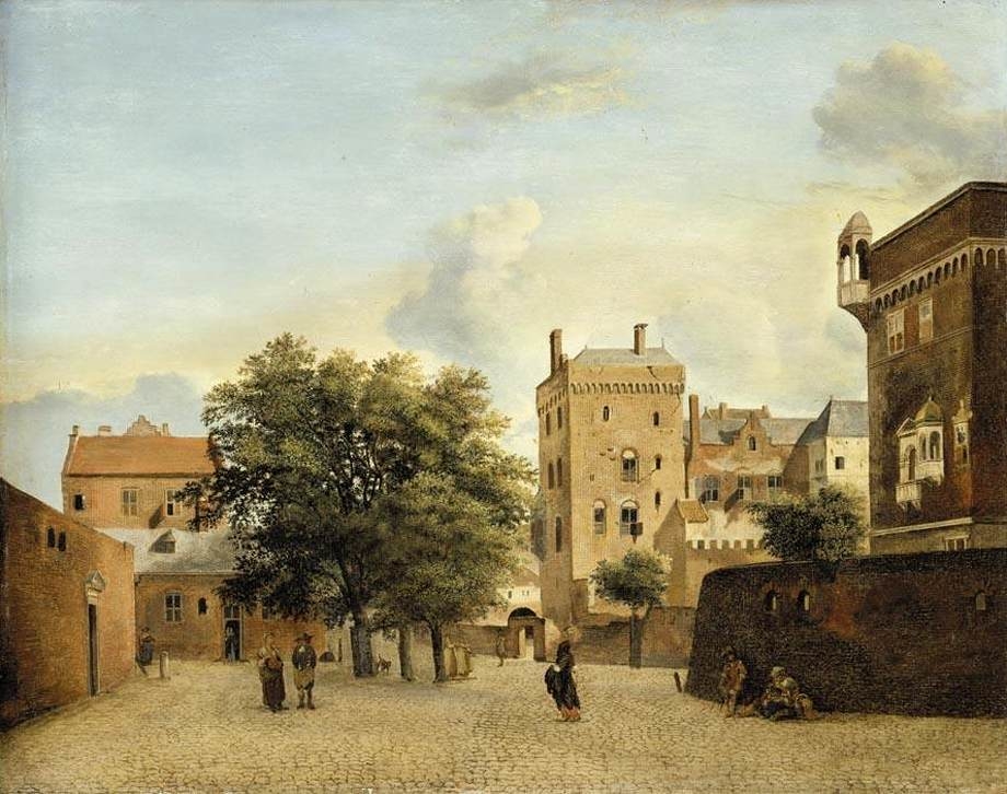 A view of a small town square with figures promenading ('In Cologne')