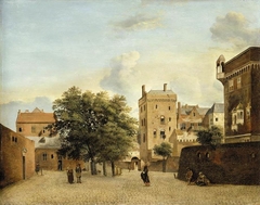 A view of a small town square with figures promenading ('In Cologne') by Jan van der Heyden