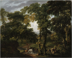A Wooded River Landscape with Figures and Horses at a Ford and Fallow Deer in a Clearing