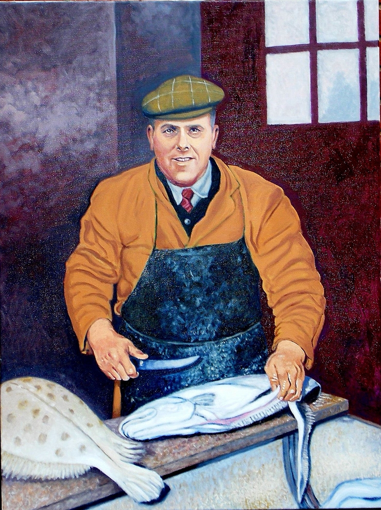 Albert Clifford Walker filleting fish on Grimsby docks circa 1960s, (2011), oil on linen, 90  x 120 cm