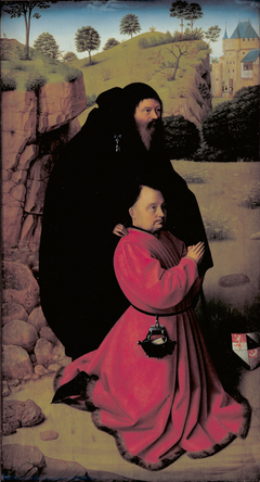 Altar Panel with a Portrait of a Donor in Scarlet under the Protection of St Anthony by Petrus Christus