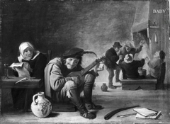 Bauernschenke mit Lautenspieler, alter Frau und Gruppe am Kamin by David Teniers the Younger