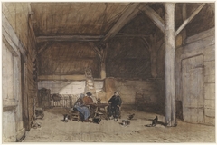 Boereninterieur met twee mannen en een vrouw aan een tafel, verder enkele kippen en katten by Johannes Bosboom