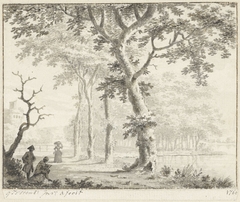 Bomen aan de waterkant en een tekenaar