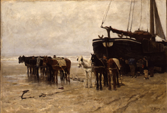 Bomschuit met sleeppaarden op het strand van Scheveningen by Anton Mauve