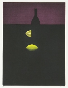 Bottle with Lemons and Red Wall by Yozo Hamaguchi