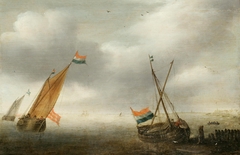 Calm Sea with Two Sailing Vessels by Julius Porcellis