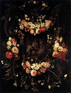Cartouche addorned with flowergarlands surrounding a depiction of the Holy Family with the infant Saint John the Baptist