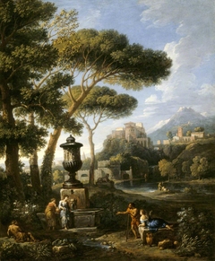 Classical Landscape with Five Figures conversing by a Fountain topped by a Figured Urn