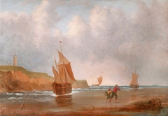 Coastal Scene with Boats offshore, Fisherfolk on the Beach and a Lighthouse on a Cliff
