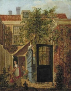 Court-yard with a woman and a child by Johannes Jelgerhuis