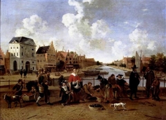 De Groenmarkt met gezicht op de Stille Rijn in Leiden by Hendrik van den Burgh