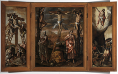 De Kruisiging, de Kruisafneming en Verrijzenis van Christus (drieluik). by anonymous painter
