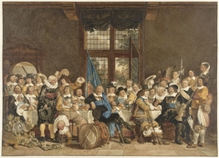 De schuttersmaaltijd in de Voetboogdoelen te Amsterdam ter viering van het sluiten van de vrede van Munster, 18 juni 1648