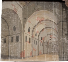 Del av kuliss till "Ett fängelse" 8 delar: Fondvägg, fängelseinteriör med murade valv och grind by Unknown Artist