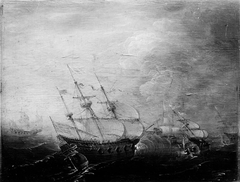 Fight between two Ships on Rough Sea by Cornelis Claesz van Wieringen
