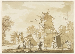 Figuren bij een vervallen boerderij by Bartholomeus Barbiers