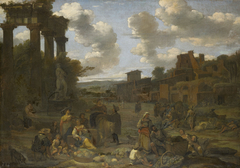 Figures in a Classical Landscape with Ruins by Dirck Helmbreker