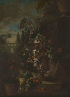 Flowers and Fruit with a Garden behind by Attributed to Mario Nuzzi