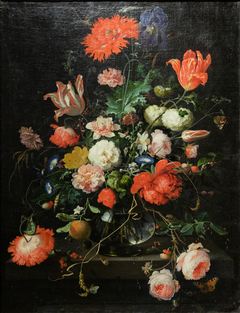 Flowers in a Crystal Vase Standing on a Stone Pedestal, with a Dragonfly by Abraham Mignon