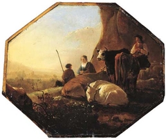 Four cows and herders below a cliff by Aelbert Cuyp