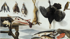 Game larder with a hare, partridge, snipe, a turkey, a side of meat, capons, starlings, pike, eel and fish with a parrot