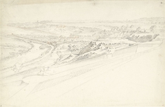 Gezicht van een hooggelegen terras over een landschap met bochtige rivier by Jacques André Portail