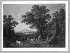 great heroic arcadic scenery with Apollo, 5 muses and cattle under oak-trees by Jacob Philipp Hackert