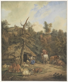 Herder, herderin en vee rustend voor een vervallen stal by Hendrik Abraham Klinkhamer