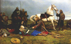 Hervor, daughter of Heidrek, dying at the Battle of the Goths and Huns by Peter Nicolai Arbo
