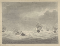 Het vergaan van het schip De Unie onder kapitein Graaf van Welderen op de Noordzee, 19 oktober 1782 by Ary van Wanum